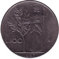 Монета 100 лир. 1957 год, Италия. Богиня мудрости Минерва рядом с оливковым деревом. Монета 100 лир. 1957 год, Италия. Богиня мудрости Минерва рядом с оливковым деревом.