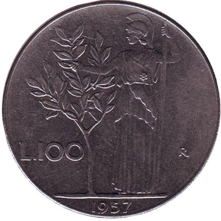 Монета 100 лир. 1957 год, Италия. Богиня мудрости Минерва рядом с оливковым деревом.