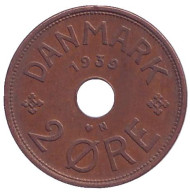 Монета 2 эре. 1939 год, Дания. Монета 2 эре. 1939 год, Дания.