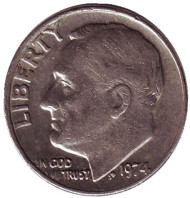 Монета 10 центов. 1974 (P) год, США. Рузвельт. Монета 10 центов. 1974 (P) год, США. Рузвельт.