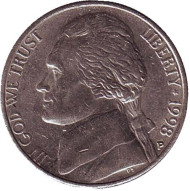 Монета 5 центов. 1998 год (P), США. Джефферсон. Монтичелло. Монета 5 центов. 1998 год (P), США. Джефферсон. Монтичелло.