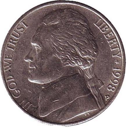 Монета 5 центов. 1998 год (P), США. Джефферсон. Монтичелло.