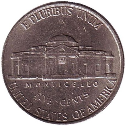 Монета 5 центов. 1998 год (P), США. Джефферсон. Монтичелло. Монета 5 центов. 1998 год (P), США. Джефферсон. Монтичелло.