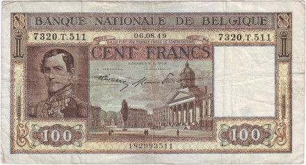 Банкнота 100 франков. 1949 год, Бельгия.