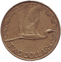 Белая цапля. Монета 2 доллара. 2005 год, Новая Зеландия. Из обращения.