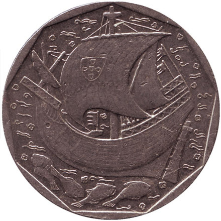 Монета 50 эскудо. 1998 год, Португалия. Парусник.