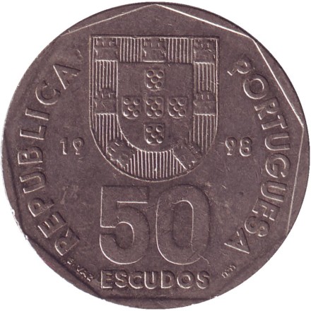Монета 50 эскудо. 1998 год, Португалия. Парусник. Монета 50 эскудо. 1998 год, Португалия. Парусник.