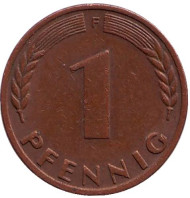 Монета 1 пфенниг. 1973 год (F), ФРГ. Дубовые листья. Монета 1 пфенниг. 1973 год (F), ФРГ. Дубовые листья.