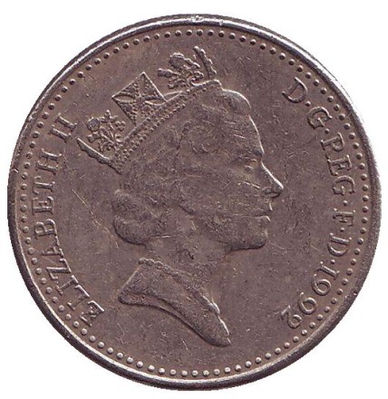 Монета 10 пенсов. 1992 год, Великобритания. Лев.