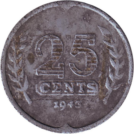 Монета 25 центов. 1943 год, Нидерланды.