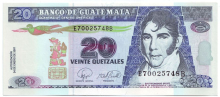 Банкнота 20 кетцалей. 2007 год, Гватемала. Доктор Мариано Гальвес.