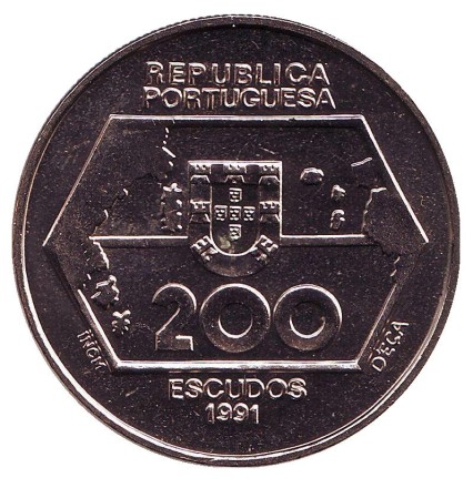 Монета 200 эскудо. 1991 год, Португалия. Продвижение на Запад. Великие географические открытия.