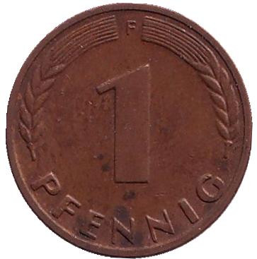 Монета 1 пфенниг. 1969 год (F), ФРГ. Дубовые листья.