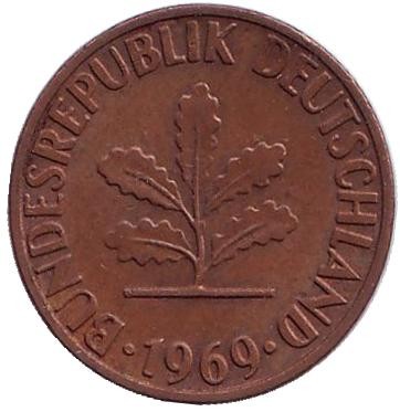 Монета 1 пфенниг. 1969 год (F), ФРГ. Дубовые листья. Монета 1 пфенниг. 1969 год (F), ФРГ. Дубовые листья.
