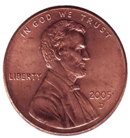 Монета 1 цент. 2005 год (D), США. Линкольн. Монета 1 цент. 2005 год (D), США. Линкольн.