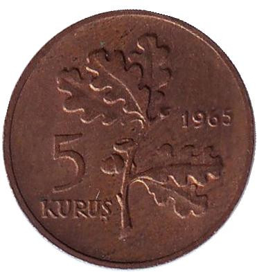 Монета 5 курушей. 1965 год, Турция. Дубовая ветвь.