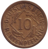 Монета 10 рентенпфеннигов. 1924 (G) год, Веймарская республика. Монета 10 рентенпфеннигов. 1924 (G) год, Веймарская республика.