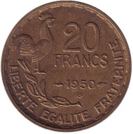 Монета 20 франков. 1950-B год, Франция. "Georges Guiraud", 3 пера. Монета 20 франков. 1950-B год, Франция. "Georges Guiraud", 3 пера.