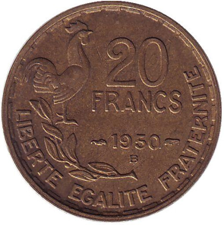 Монета 20 франков. 1950-B год, Франция. "Georges Guiraud", 3 пера.