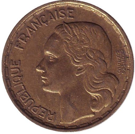 Монета 20 франков. 1950-B год, Франция. "Georges Guiraud", 3 пера. Монета 20 франков. 1950-B год, Франция. "Georges Guiraud", 3 пера.