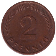Монета 2 пфеннига. 1963 год (G), ФРГ. Дубовые листья. Монета 2 пфеннига. 1963 год (G), ФРГ. Дубовые листья.