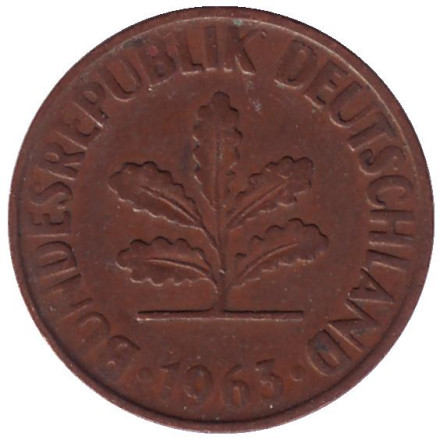 Монета 2 пфеннига. 1963 год (G), ФРГ. Дубовые листья.