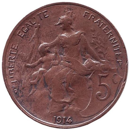 Монета 5 сантимов. 1914 год, Франция.