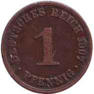 Монета 1 пфенниг. 1907 год (A), Германская империя. Монета 1 пфенниг. 1907 год (A), Германская империя.