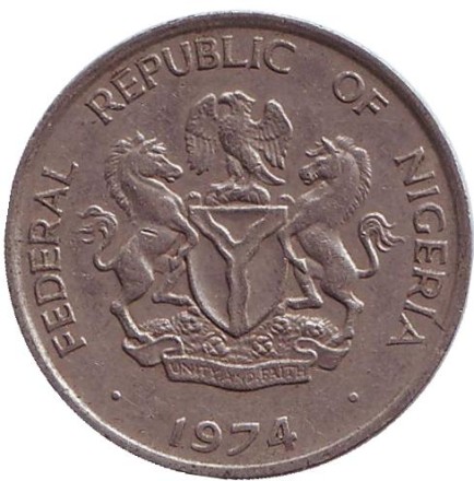 Монета 10 кобо. 1974 год, Нигерия. Пальмы. Монета 10 кобо. 1974 год, Нигерия. Пальмы.