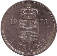 Монета 1 крона. 1976 год, Дания. Монета 1 крона. 1976 год, Дания.