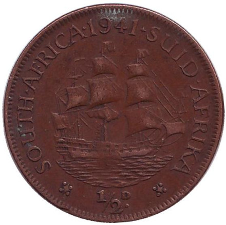 Монета 1/2 пенни, 1941 год, Южная Африка. Корабль "Дромедарис".