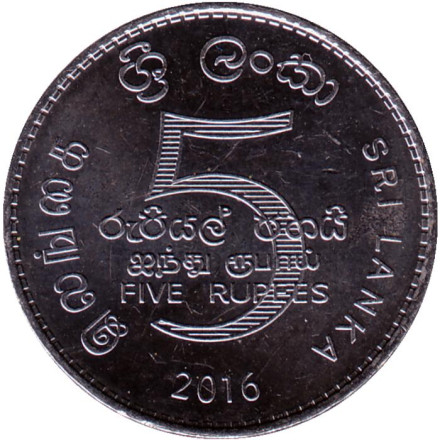Монета 5 рупий. 2016 год, Шри-Ланка.