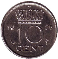 Монета 10 центов. 1975 год, Нидерланды. Монета 10 центов. 1975 год, Нидерланды.