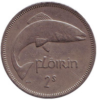 Монета 2 шиллинга (1 флорин). 1963 год, Ирландия. Лосось.