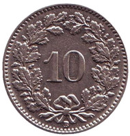 Монета 10 раппенов. 1936 год, Швейцария. Монета 10 раппенов. 1936 год, Швейцария.