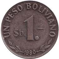 Монета 1 боливийский песо. 1980 год, Боливия. Монета 1 боливийский песо. 1980 год, Боливия.
