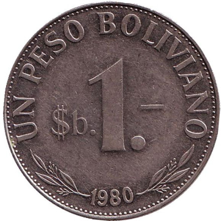 Монета 1 боливийский песо. 1980 год, Боливия.
