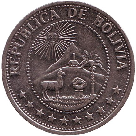 Монета 1 боливийский песо. 1980 год, Боливия.