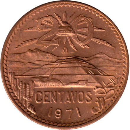Монета 20 сентаво. 1971 год, Мексика. (Старый герб). aUNC.
