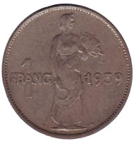 Монета 1 франк. 1939 год, Люксембург. Монета 1 франк. 1939 год, Люксембург.
