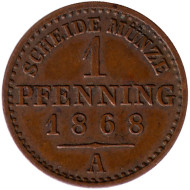 Монета 1 пфенниг. 1868 год (А), Германия. Пруссия. Монета 1 пфенниг. 1868 год (А), Германия. Пруссия.