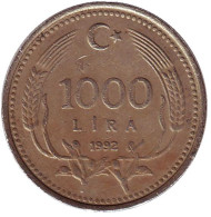 Монета 1000 лир. 1992 год, Турция. Монета 1000 лир. 1992 год, Турция.