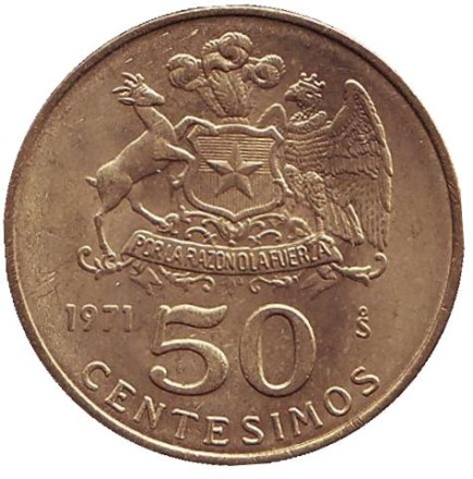 Монета 50 чентезимо. 1971 год, Чили. Мануэль Родригес.