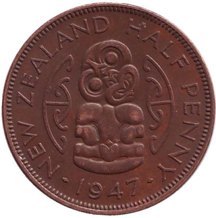 Монета 1/2 пенни, 1947 год, Новая Зеландия. Амулет-талисман Хей-Тики.