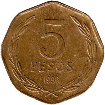 Монета 5 песо. 1996 год, Чили. Бернардо О’Хиггинс.
