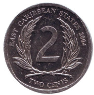 Монета 2 цента. 2004 год, Восточно-Карибские государства. Монета 2 цента. 2004 год, Восточно-Карибские государства.