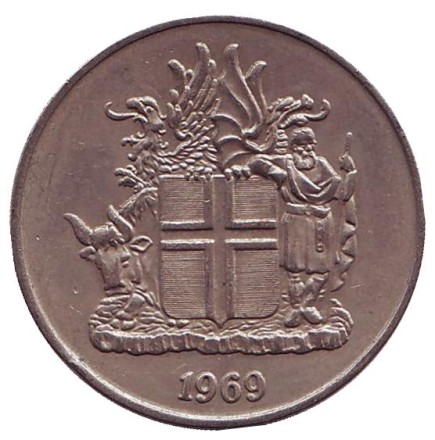 Монета 10 крон. 1969 год, Исландия.