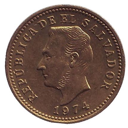 Монета 3 сентаво. 1974 год, Сальвадор. Из обращения. Франсиско Морасан. Монета 3 сентаво. 1974 год, Сальвадор. Из обращения. Франсиско Морасан.