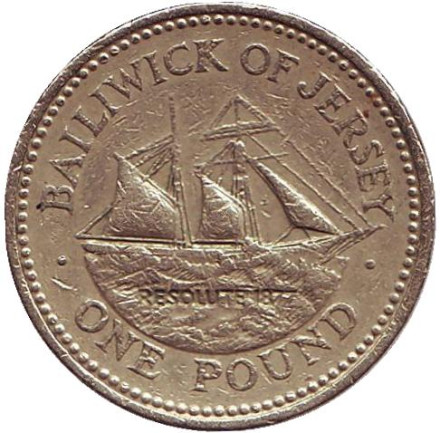 Монета 1 фунт. 1994 год, Джерси. Шхуна "Резолют".