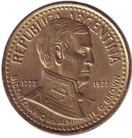 Монета 10 песо. 1977 год, Аргентина. 200 лет со дня рождения Гильермо Брауна.